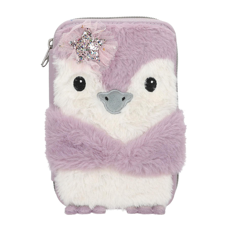 Depesche 13158 Princess Mimi Penguin - Filled 2-Compartment Pencil case in Lilac and Cream, with Penguin Motif and Plush Fur, Pencil case with Crayons, Ruler, Scissors and Much More.