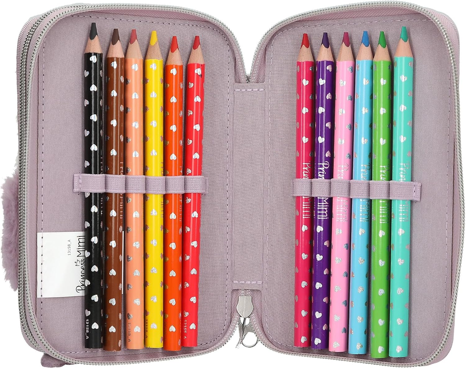 Depesche 13158 Princess Mimi Penguin - Filled 2-Compartment Pencil case in Lilac and Cream, with Penguin Motif and Plush Fur, Pencil case with Crayons, Ruler, Scissors and Much More.