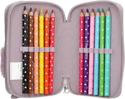 Depesche 13158 Princess Mimi Penguin - Filled 2-Compartment Pencil case in Lilac and Cream, with Penguin Motif and Plush Fur, Pencil case with Crayons, Ruler, Scissors and Much More.