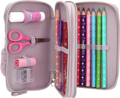 Depesche 13158 Princess Mimi Penguin - Filled 2-Compartment Pencil case in Lilac and Cream, with Penguin Motif and Plush Fur, Pencil case with Crayons, Ruler, Scissors and Much More.