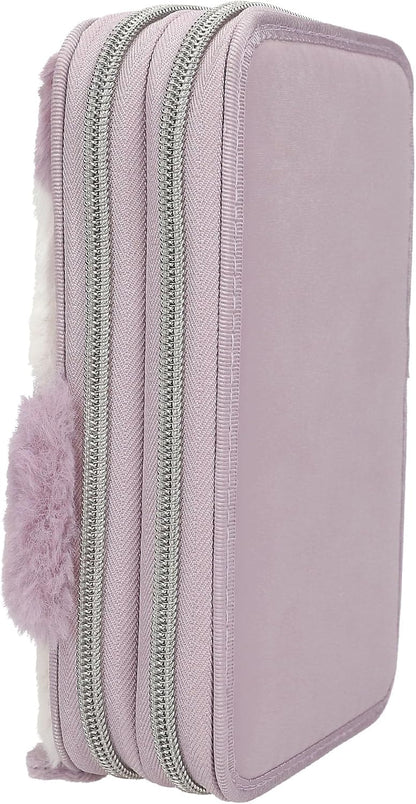 Depesche 13158 Princess Mimi Penguin - Filled 2-Compartment Pencil case in Lilac and Cream, with Penguin Motif and Plush Fur, Pencil case with Crayons, Ruler, Scissors and Much More.