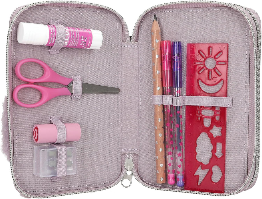 Depesche 13158 Princess Mimi Penguin - Filled 2-Compartment Pencil case in Lilac and Cream, with Penguin Motif and Plush Fur, Pencil case with Crayons, Ruler, Scissors and Much More.