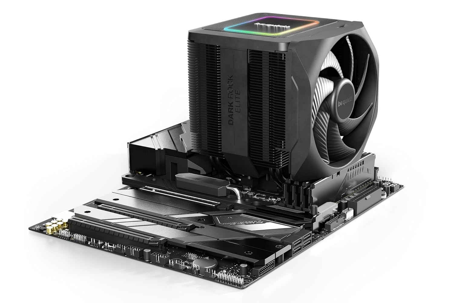 be quiet! Dark Rock Elite air cooler, 2x Silent Wings 135mm PWM fans, Speed Switch with 2 modes, high-performance heat pipes, front fan rail system, enhanced RAM compatibility, ARGB LEDs, beefy design