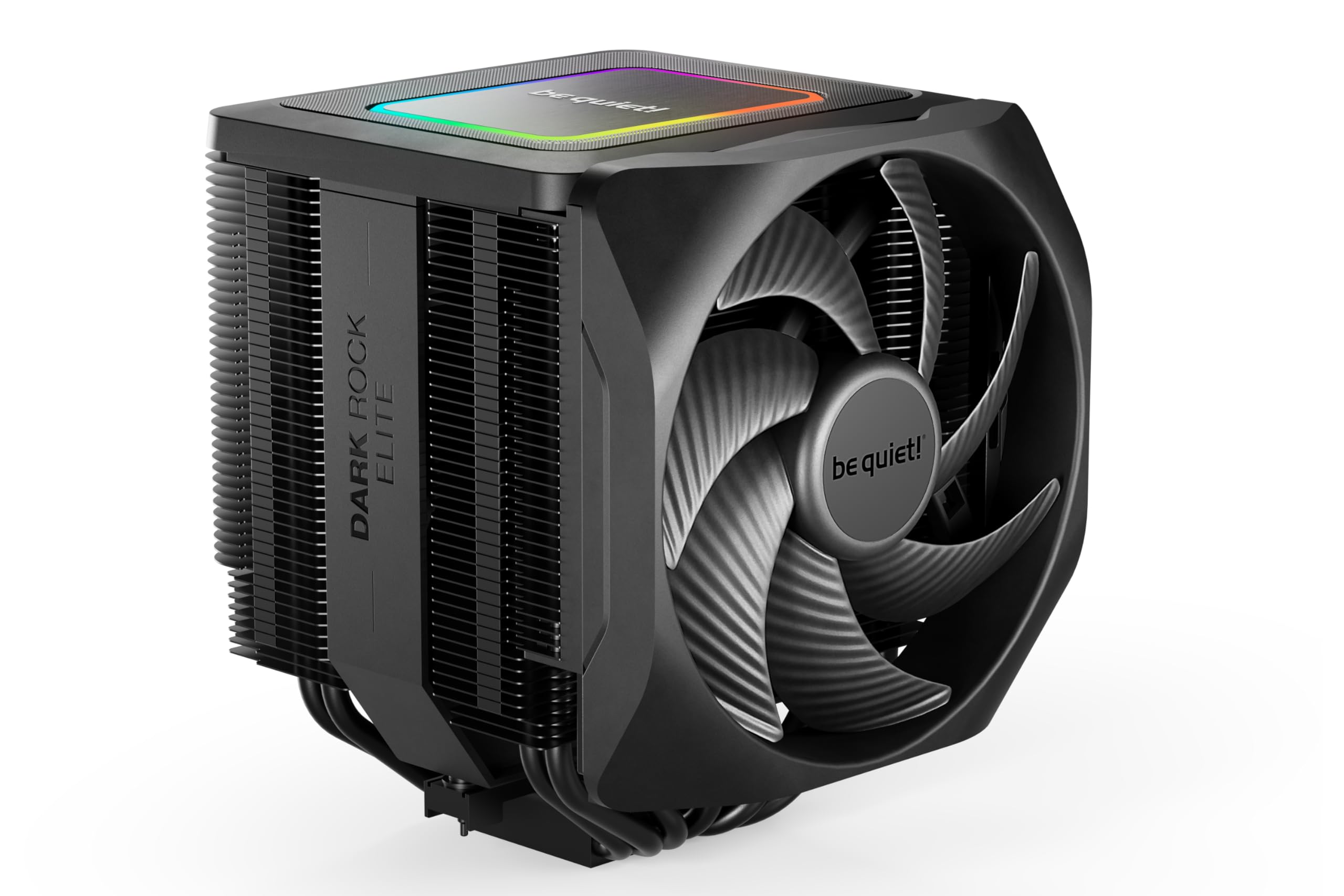 be quiet! Dark Rock Elite air cooler, 2x Silent Wings 135mm PWM fans, Speed Switch with 2 modes, high-performance heat pipes, front fan rail system, enhanced RAM compatibility, ARGB LEDs, beefy design