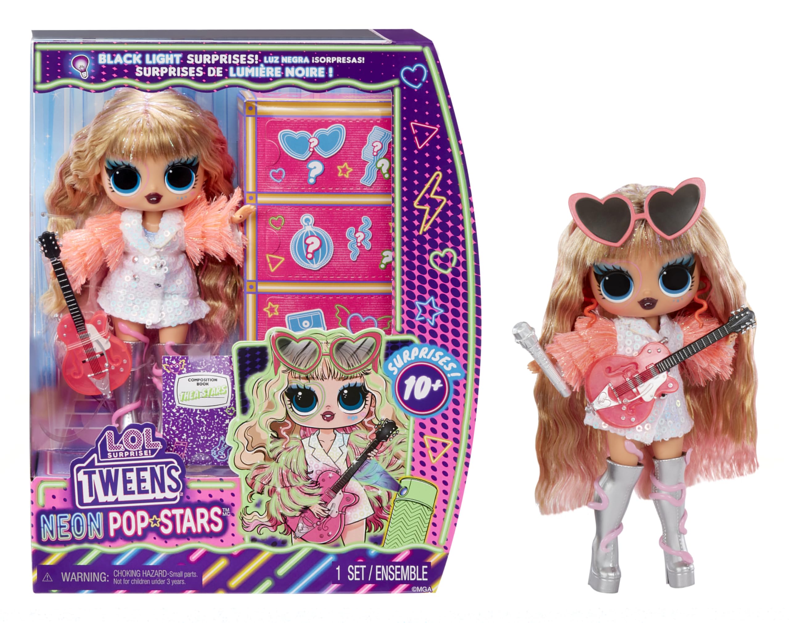 L.O.L. Surprise! Tweens Neon Pop Stars - Thea Stars - 1 Fashion Doll, with Backlight Surprises and 10+ Pop Star Fashions and Accessories Including Her Hot Pink Guitar, Ideal Present for Kids Ages 4+