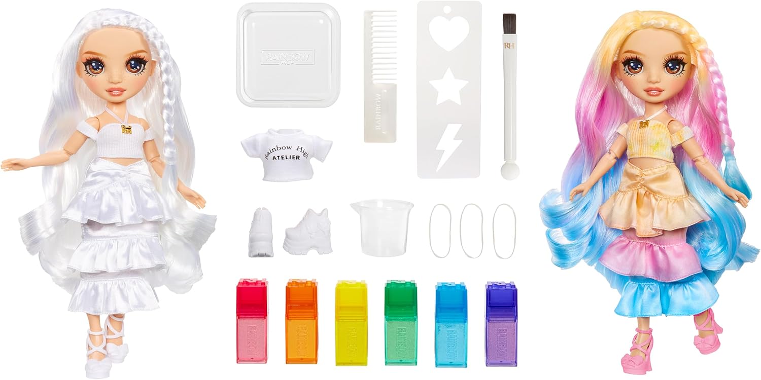 Rainbow High Watercolour & Create DIY Fashion Doll with Washable Watercolours and Tie-Dye Kit - Brown Eyes, Curled Hair, Extra Top & Shoes - Colour, Create, Play, Rinse and Repeat - Kids 4-12+ Years