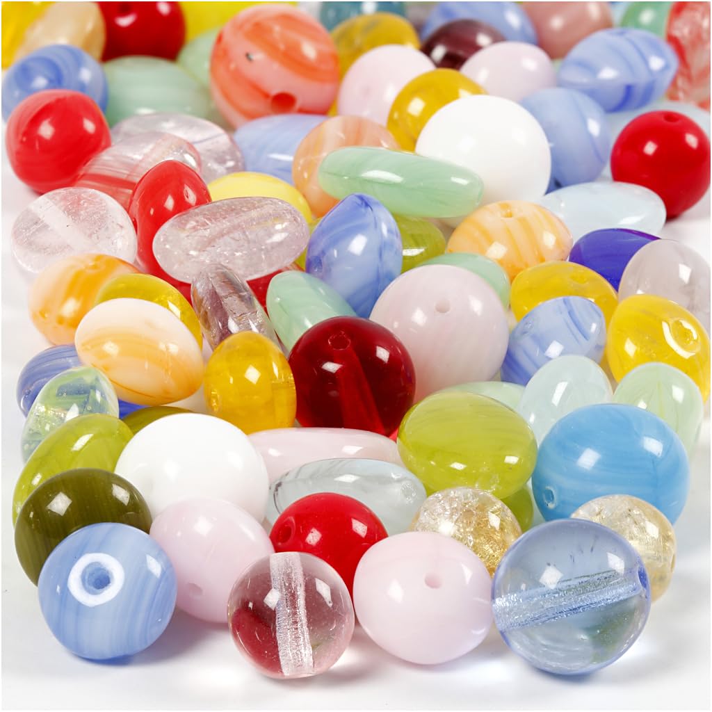 Creative 684250 Glasperlen, Lochgröße 0,5-1,5 mm, farblich sortiert, rund, oval/rund, flach, Größe 6-13 mm, 60 g