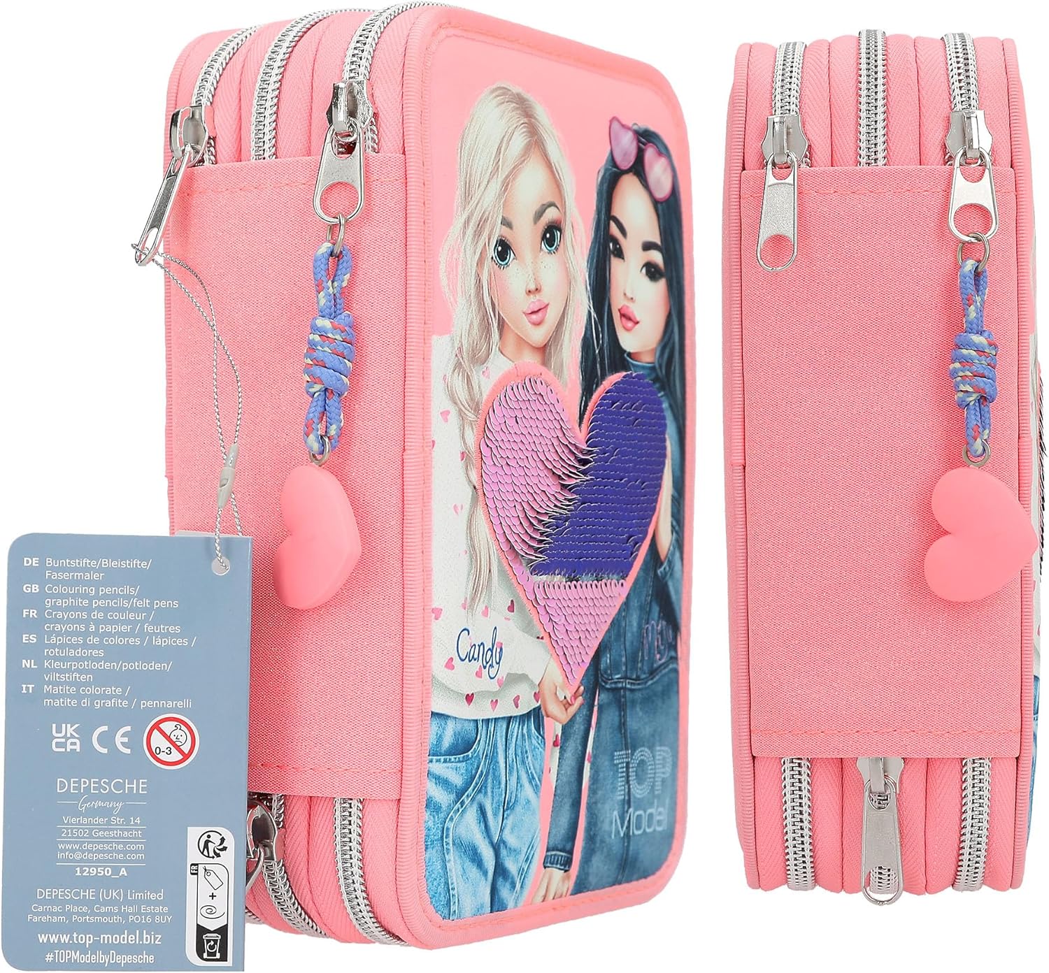 Depesche TOPModel 12950 Filled 3-Compartment Pencil Case in Pink, with Model Motif and Reversible Sequins, Pencil Case with Colouring Pencils, Ruler, Scissors and Much More
