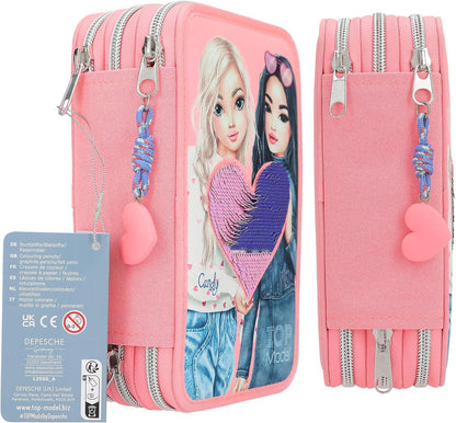 Depesche TOPModel 12950 Filled 3-Compartment Pencil Case in Pink, with Model Motif and Reversible Sequins, Pencil Case with Colouring Pencils, Ruler, Scissors and Much More