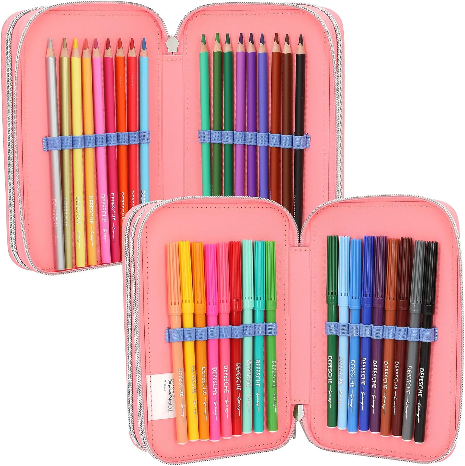Depesche TOPModel 12950 Filled 3-Compartment Pencil Case in Pink, with Model Motif and Reversible Sequins, Pencil Case with Colouring Pencils, Ruler, Scissors and Much More
