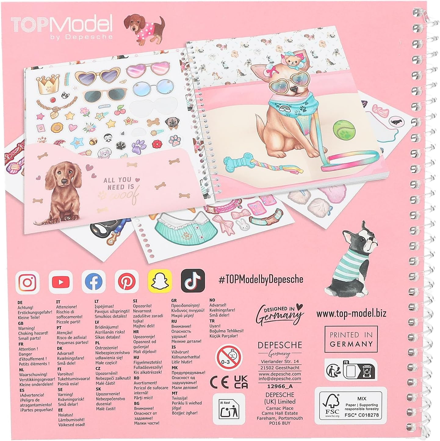 Depesche 12966 TOPModel Doggy - Dress Me Up Stickerbuch mit 24 Seiten vorgedruckter Hunde Motive zum Selbstgestalten, inkl. 11 Stickerbogen