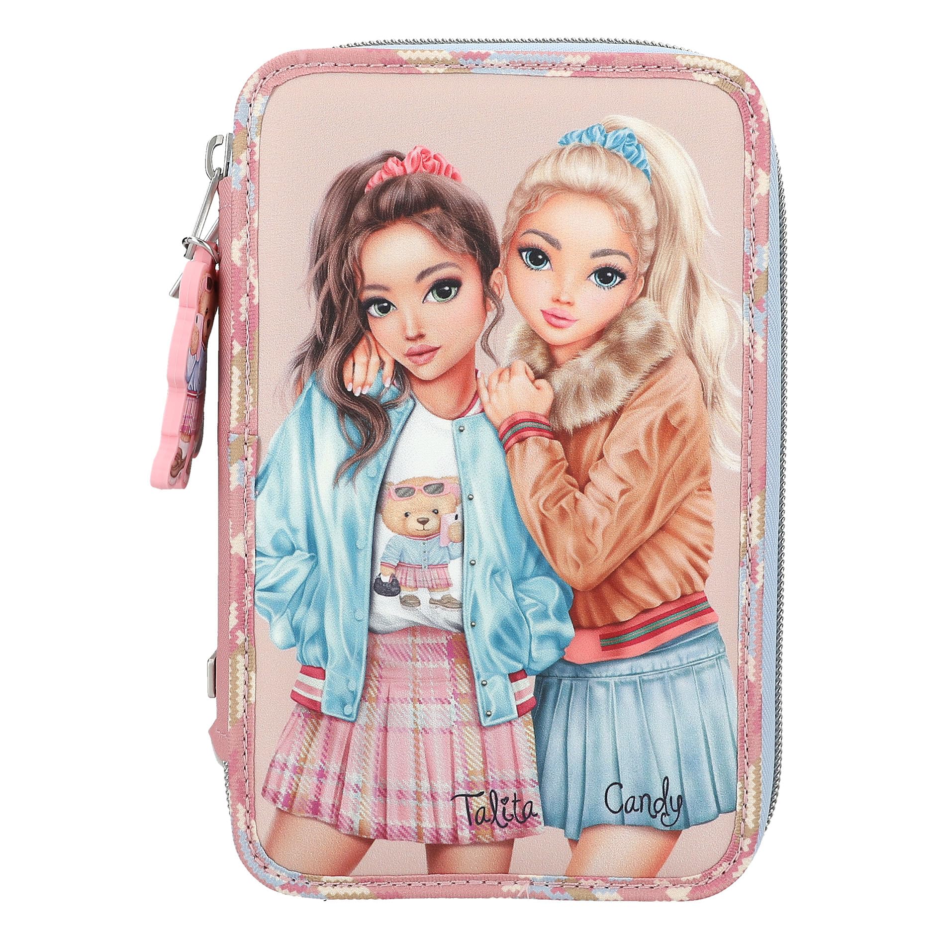 Depesche 13009 TOPModel Team Teddy Filled 3-Compartment Pencil Case in Rose with Model Motif and Pendant, Pencil Case with Colouring Pencils, Ruler, Scissors and Much More