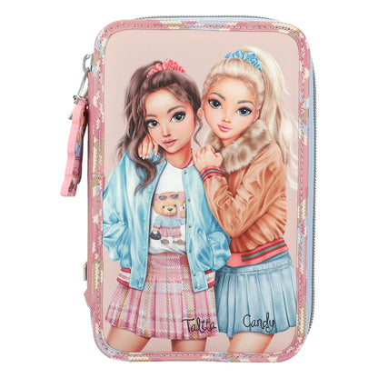 Depesche 13009 TOPModel Team Teddy Filled 3-Compartment Pencil Case in Rose with Model Motif and Pendant, Pencil Case with Colouring Pencils, Ruler, Scissors and Much More
