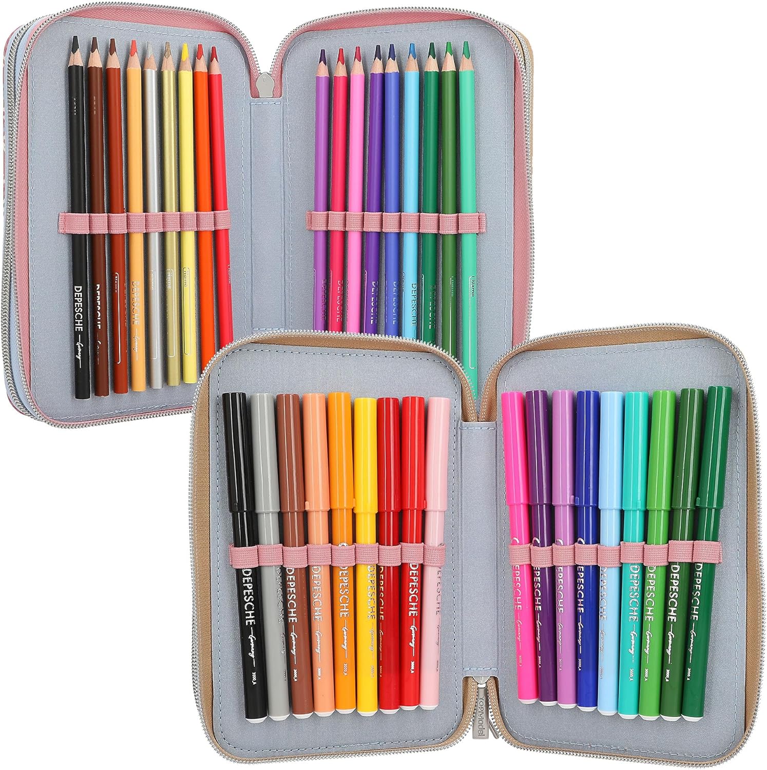 Depesche 13009 TOPModel Team Teddy Filled 3-Compartment Pencil Case in Rose with Model Motif and Pendant, Pencil Case with Colouring Pencils, Ruler, Scissors and Much More