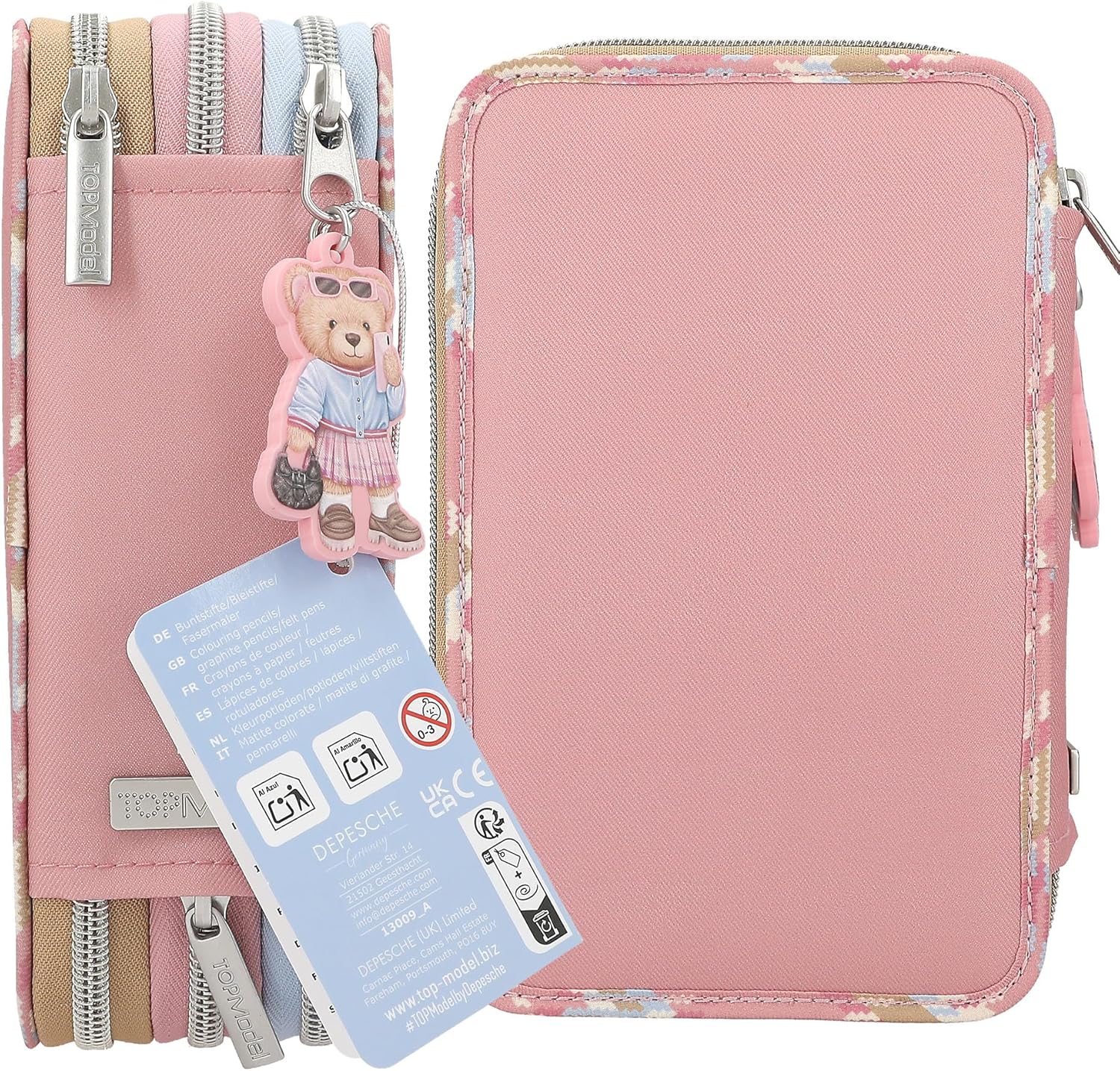 Depesche 13009 TOPModel Team Teddy Filled 3-Compartment Pencil Case in Rose with Model Motif and Pendant, Pencil Case with Colouring Pencils, Ruler, Scissors and Much More