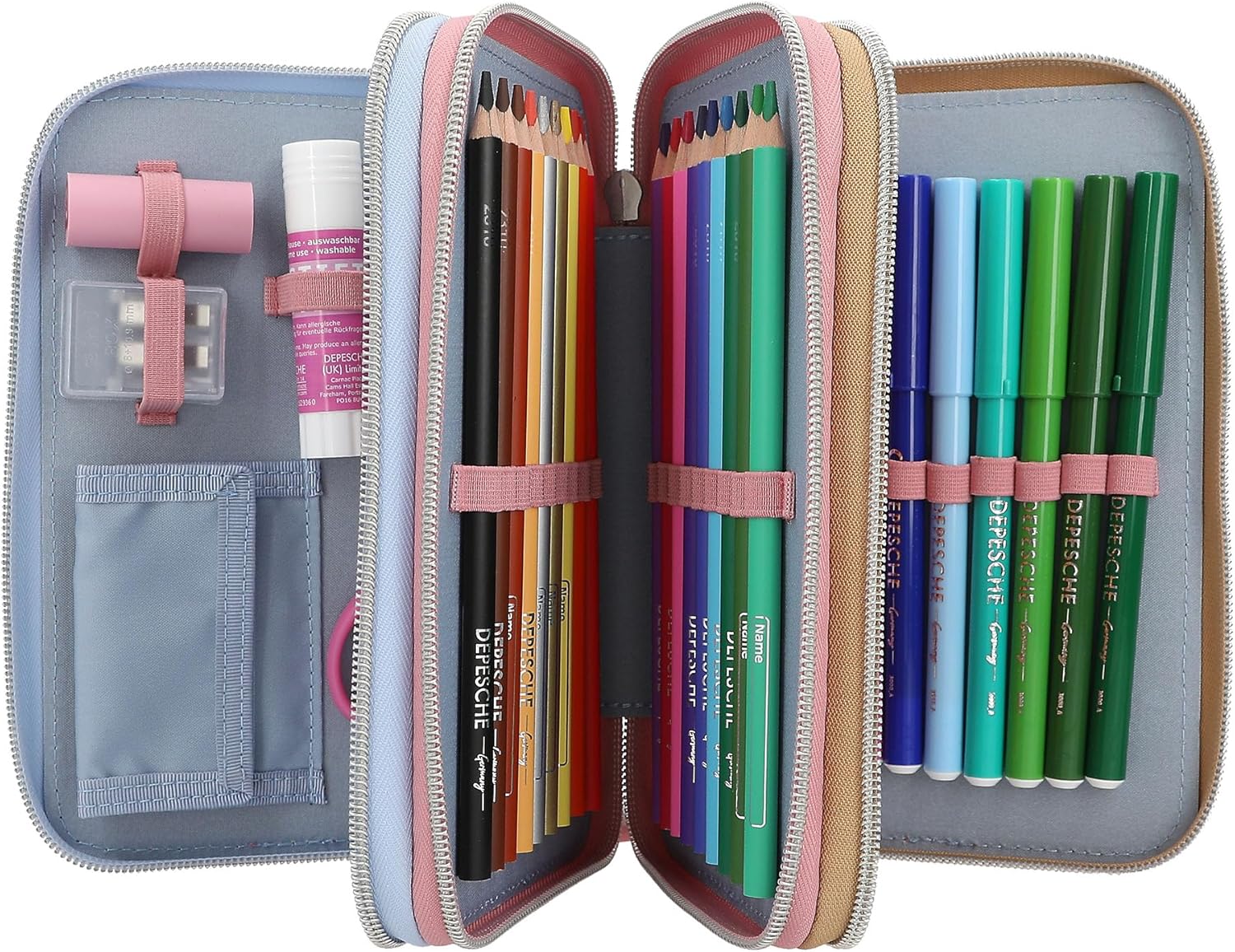 Depesche 13009 TOPModel Team Teddy Filled 3-Compartment Pencil Case in Rose with Model Motif and Pendant, Pencil Case with Colouring Pencils, Ruler, Scissors and Much More