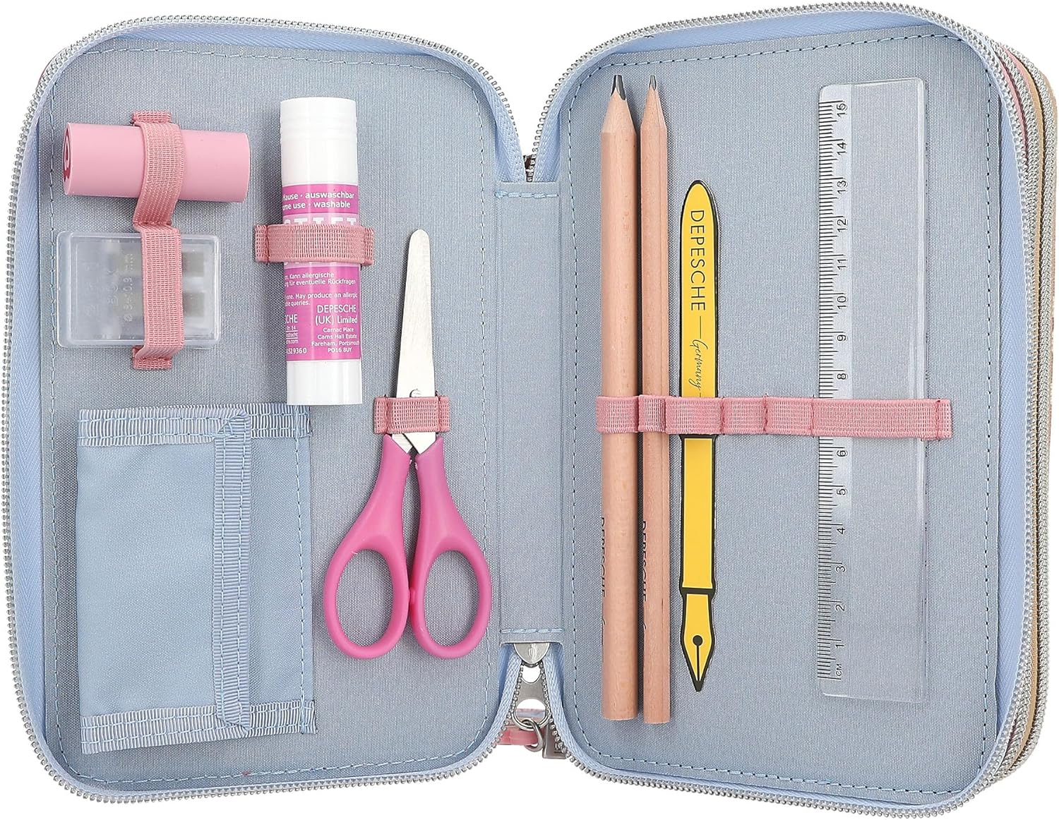 Depesche 13009 TOPModel Team Teddy Filled 3-Compartment Pencil Case in Rose with Model Motif and Pendant, Pencil Case with Colouring Pencils, Ruler, Scissors and Much More