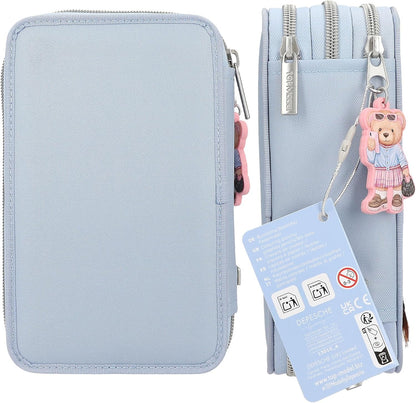 Depesche 13010 TOPModel Team Teddy - Filled 3-compartment pencil case in light blue, with model motif and pendant, pencil case with colored pencils, ruler, scissors and much more.