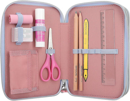 Depesche 13010 TOPModel Team Teddy - Filled 3-compartment pencil case in light blue, with model motif and pendant, pencil case with colored pencils, ruler, scissors and much more.