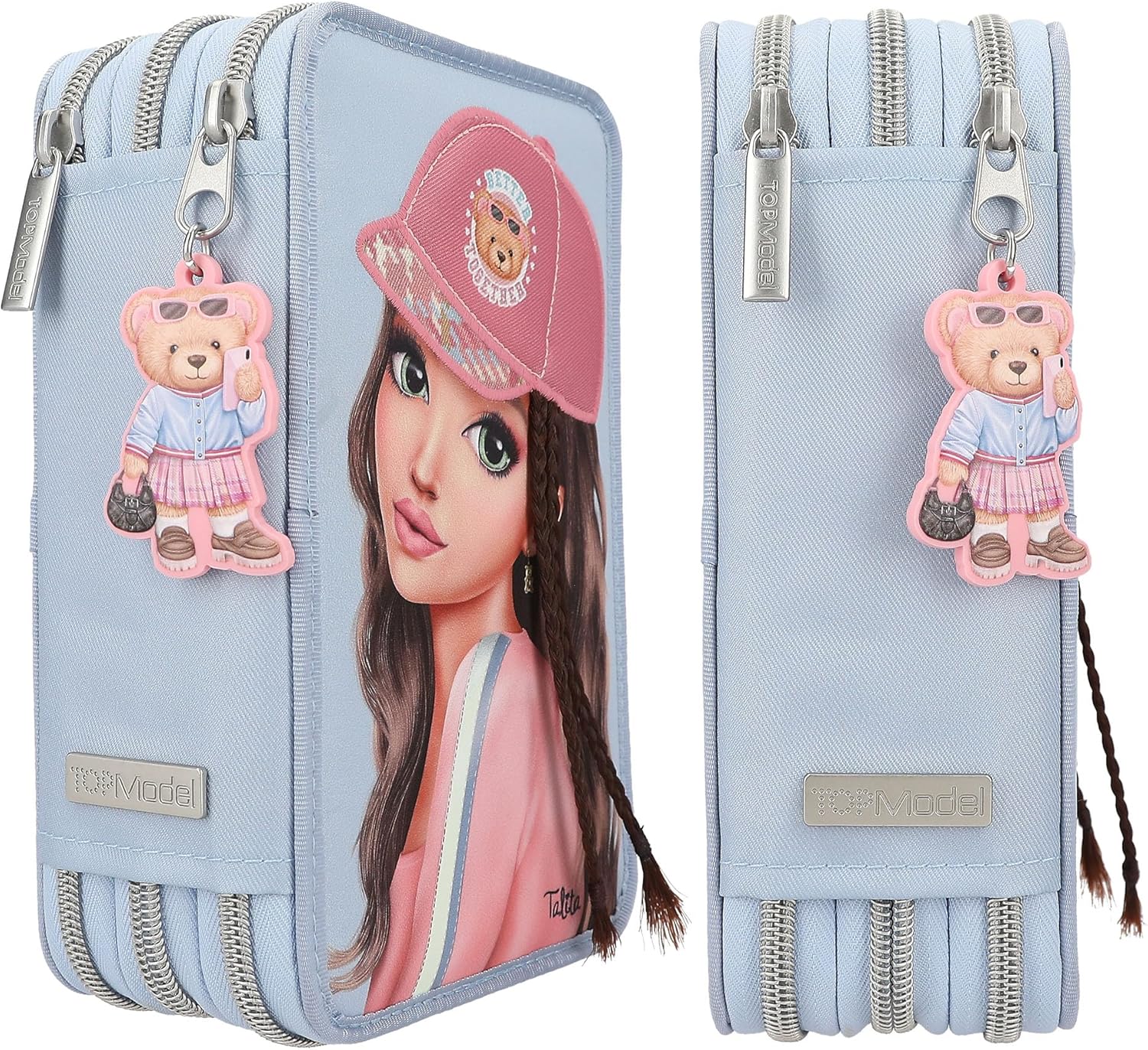Depesche 13010 TOPModel Team Teddy - Filled 3-compartment pencil case in light blue, with model motif and pendant, pencil case with colored pencils, ruler, scissors and much more.
