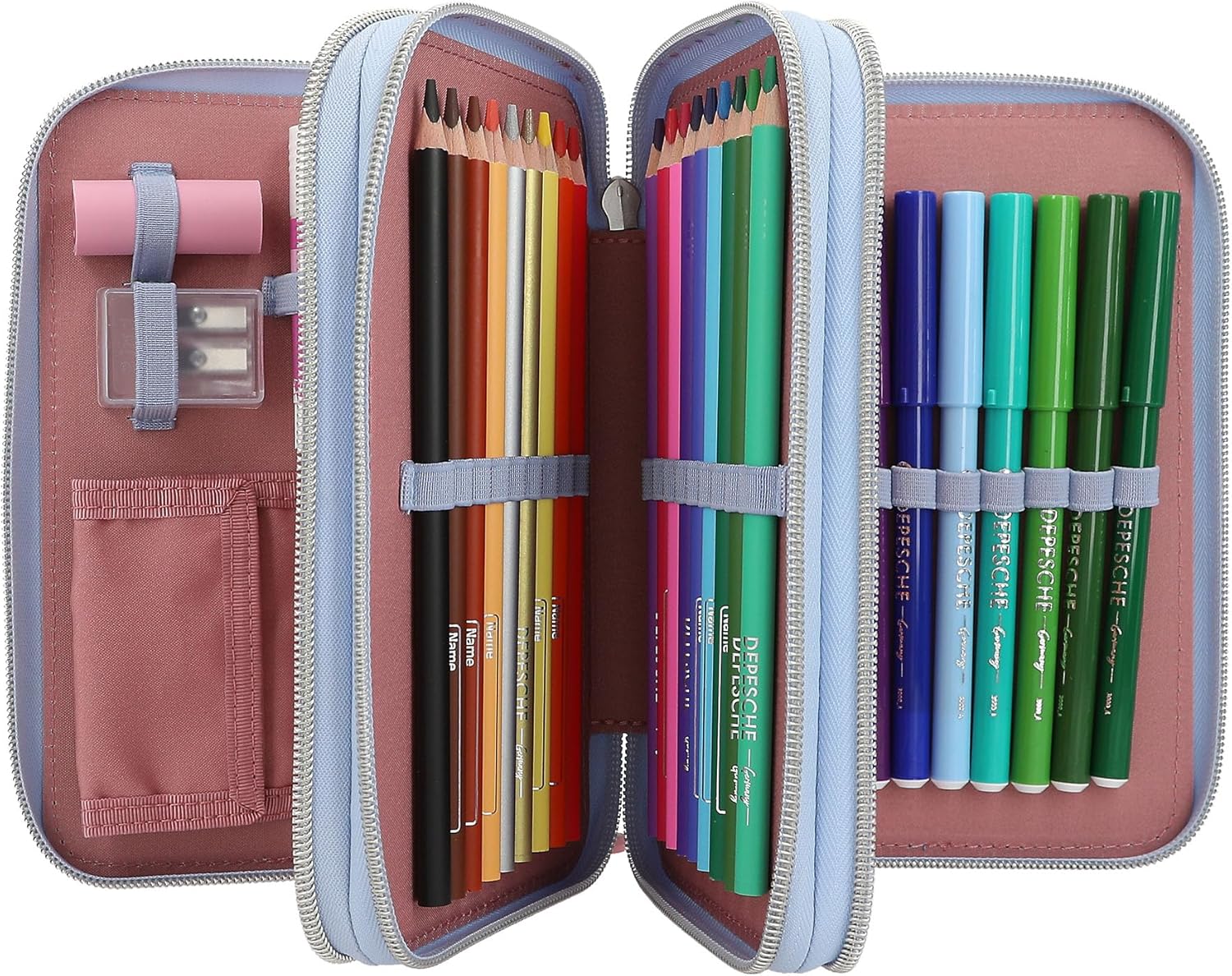 Depesche 13010 TOPModel Team Teddy - Filled 3-compartment pencil case in light blue, with model motif and pendant, pencil case with colored pencils, ruler, scissors and much more.