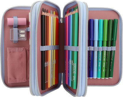 Depesche 13010 TOPModel Team Teddy - Filled 3-compartment pencil case in light blue, with model motif and pendant, pencil case with colored pencils, ruler, scissors and much more.