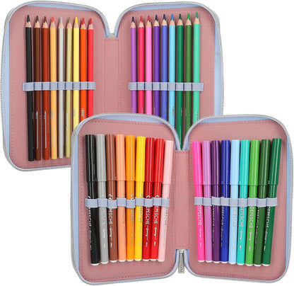 Depesche 13010 TOPModel Team Teddy - Filled 3-compartment pencil case in light blue, with model motif and pendant, pencil case with colored pencils, ruler, scissors and much more.