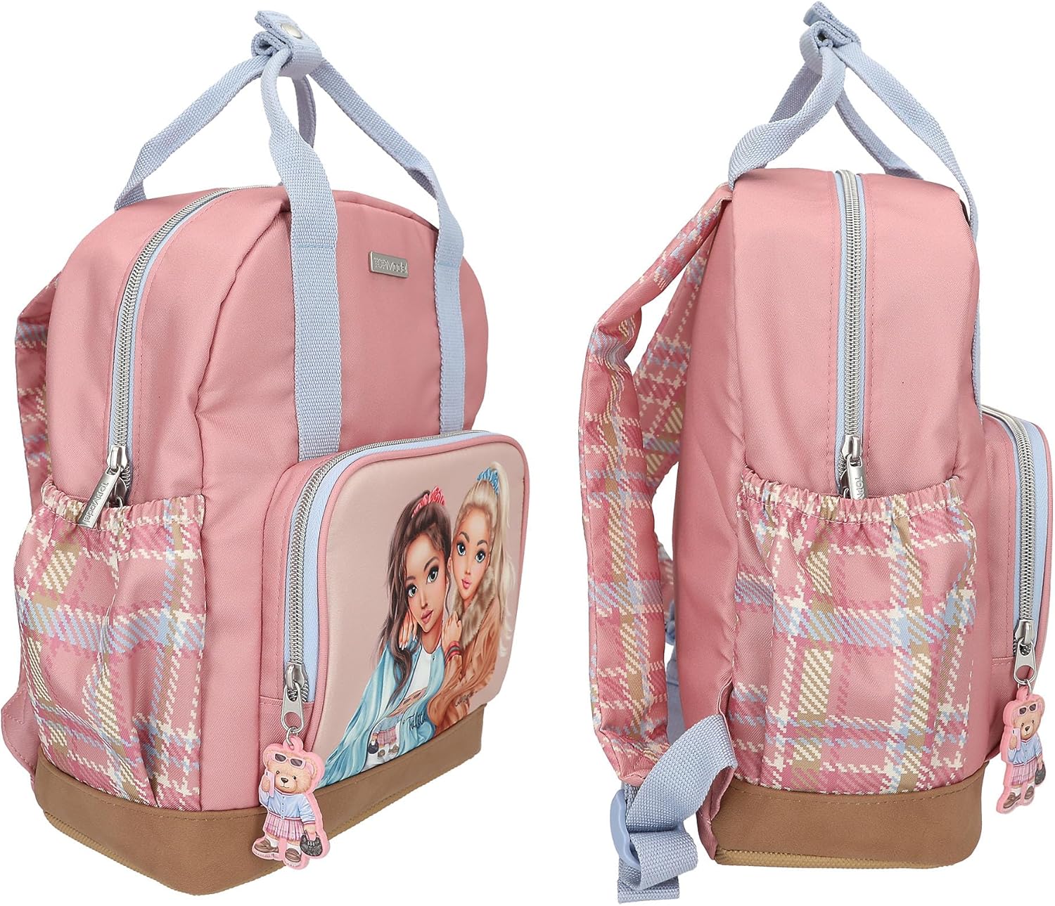 Depesche 13012 TOPModel Team Teddy Backpack in Pink, Beige and Blue, with Model Motif and Pendant, Bag with Adjustable Straps and Thermal Compartment, Multicoloured, Standard Size