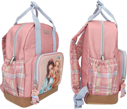 Depesche 13012 TOPModel Team Teddy Backpack in Pink, Beige and Blue, with Model Motif and Pendant, Bag with Adjustable Straps and Thermal Compartment, Multicoloured, Standard Size
