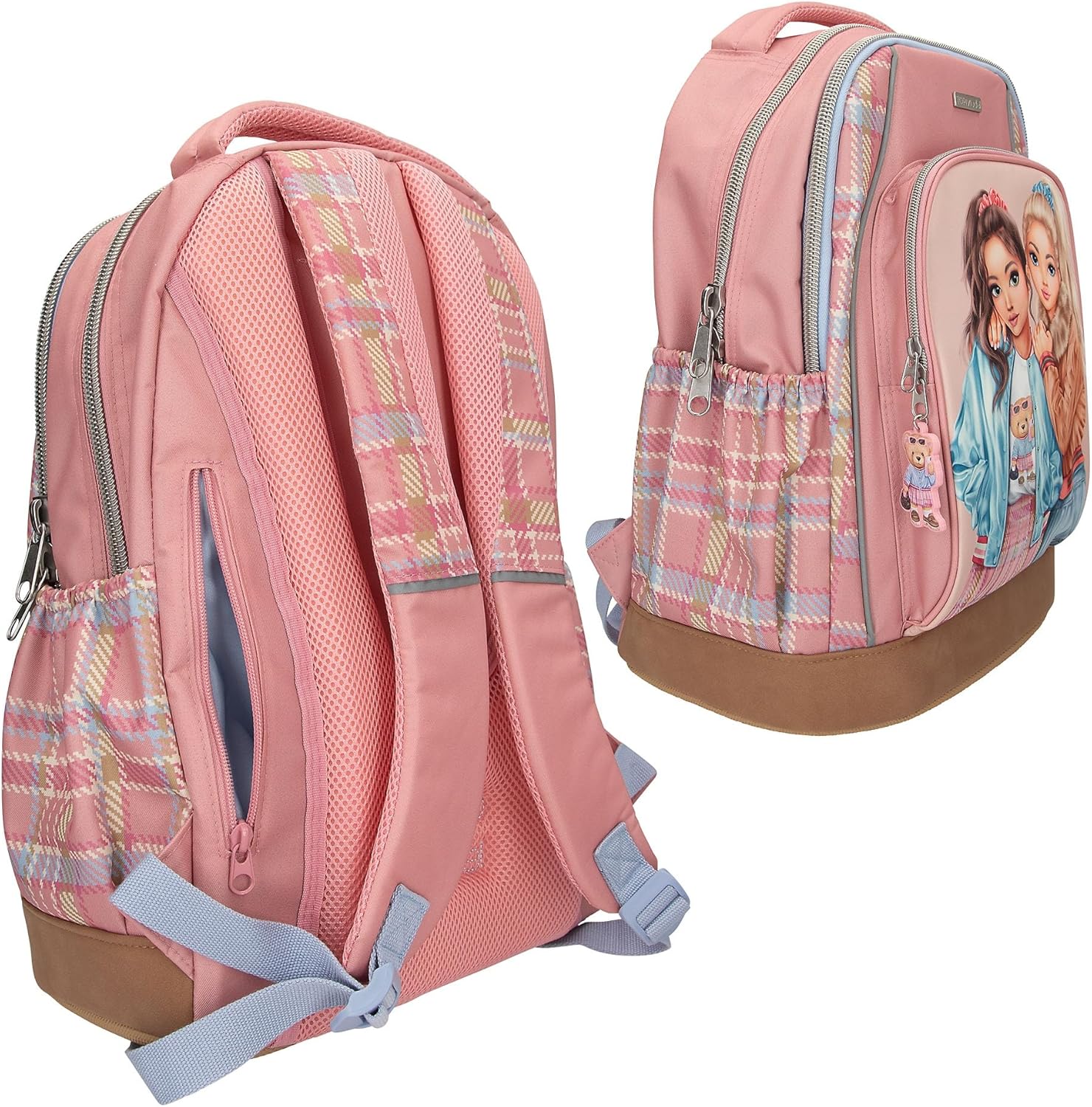 Depesche 13013 TOPModel Team Teddy School Backpack in Pink with Model Motif and Pendant, School Bag with Adjustable Straps, Multicoloured