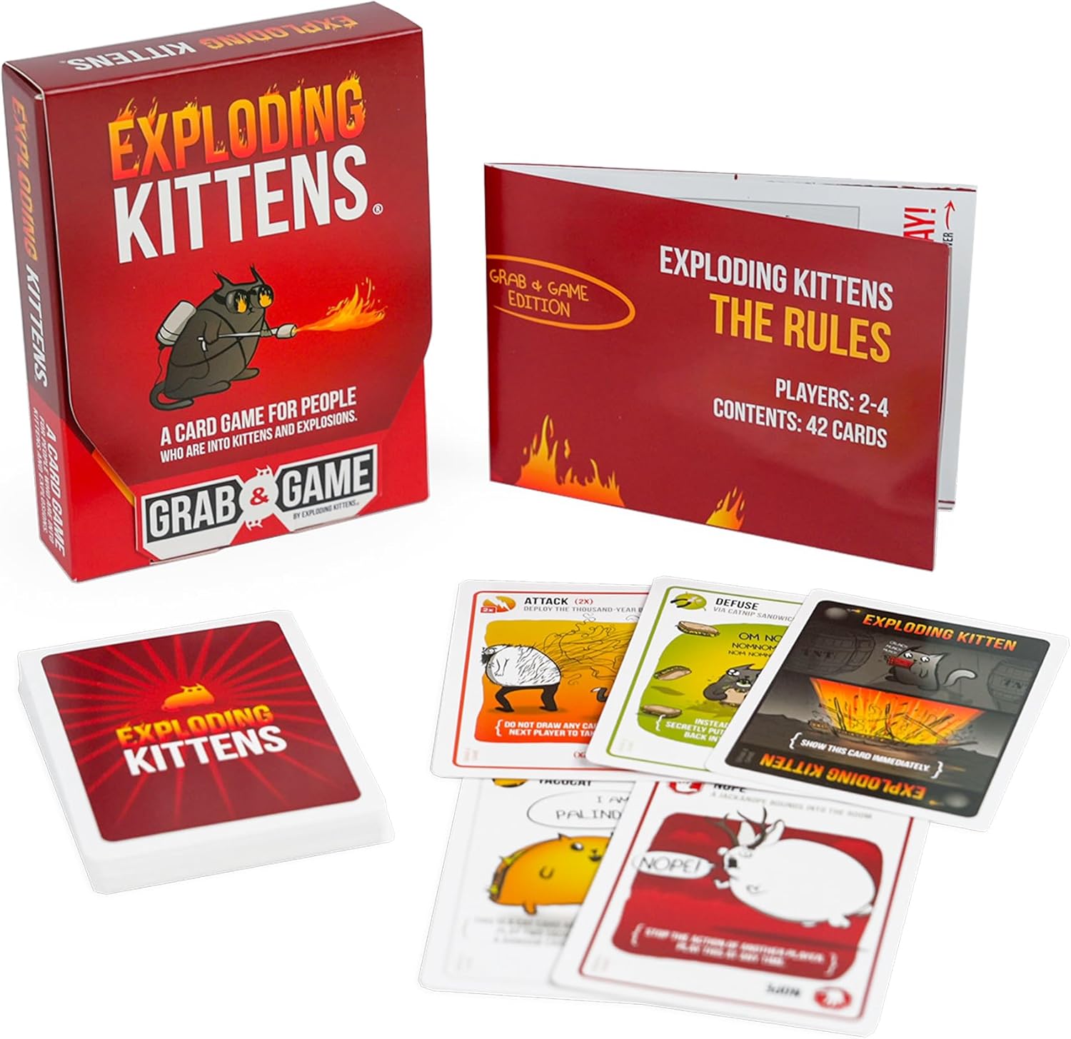 Exploding Kittens Grab & Game - Card Game for Families - Fast-Paced, Easy-to-Learn Game with Hilarious Original Artwork by The Oatmeal Creator, Ages 7+ (2-4 Players, 42 Cards