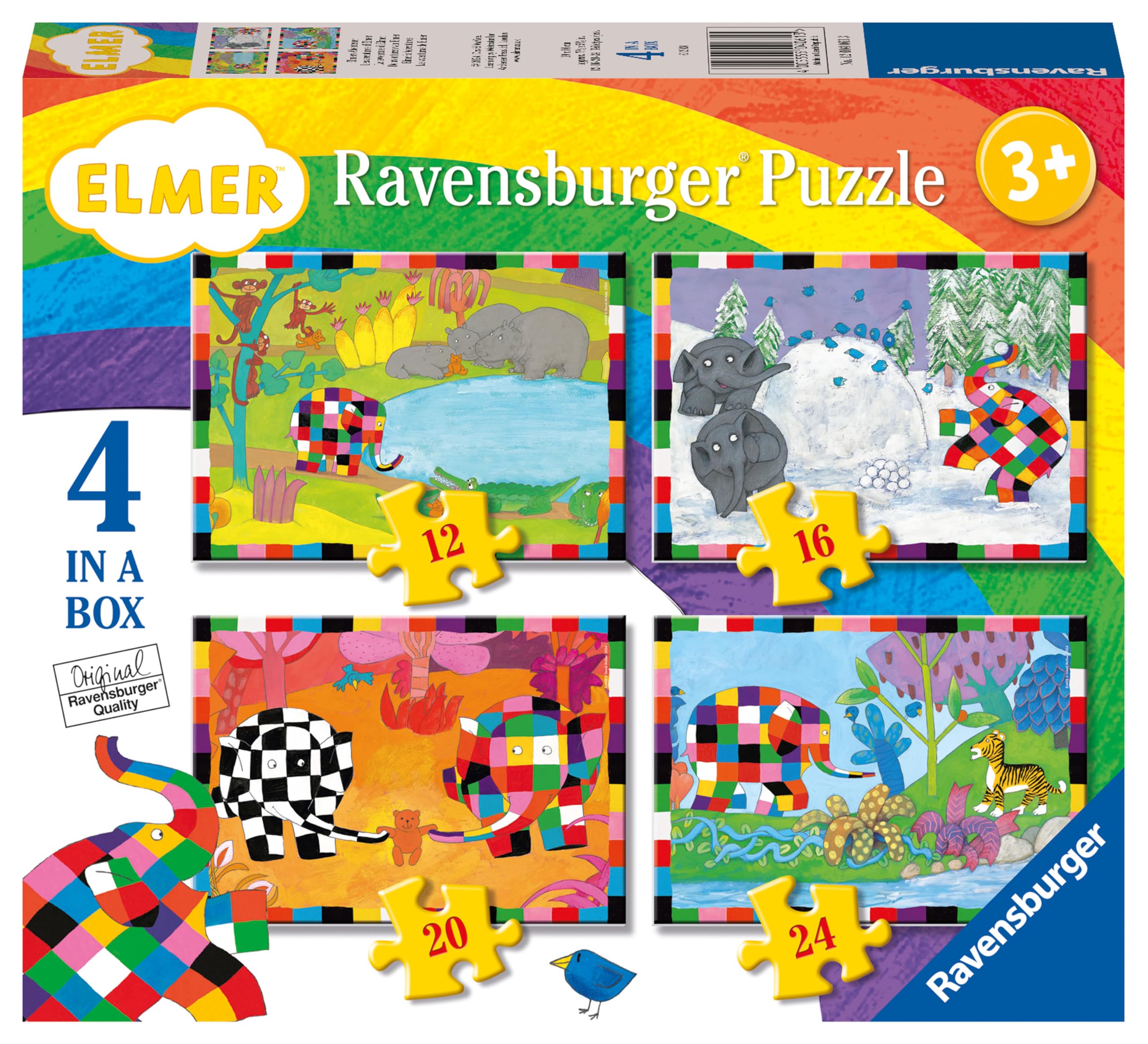 Ravensburger 12004061 Elmer Toy-4 in a Box Jigsaw Puzzles for Kids Age 3 Years Up-12, 16, 20, 24 Pieces, Multicolour, One Size
