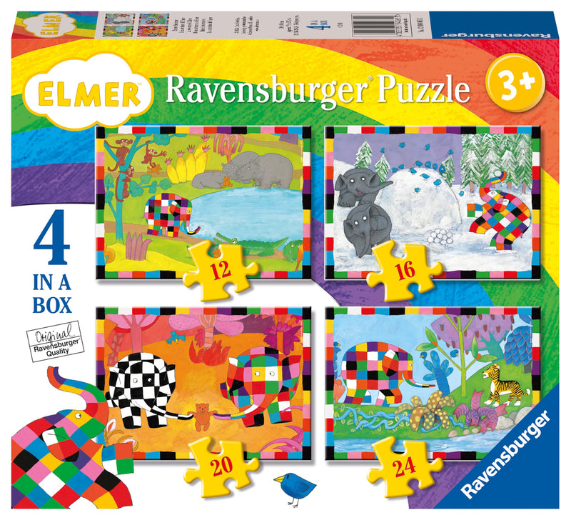 Ravensburger 12004061 Elmer Toy-4 in a Box Jigsaw Puzzles for Kids Age 3 Years Up-12, 16, 20, 24 Pieces, Multicolour, One Size