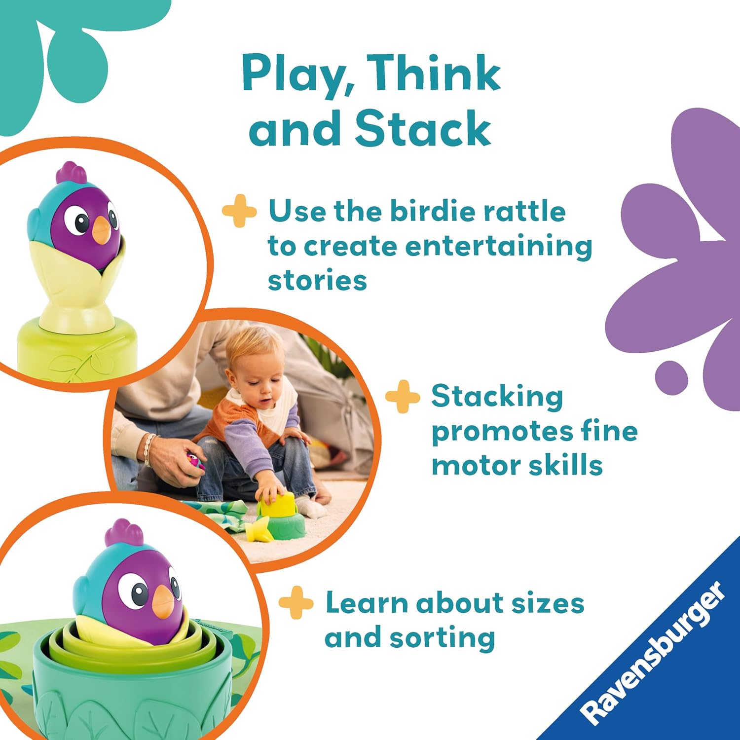 Ravensburger Play+ 3 in 1 Bird's Nest Stacking Cups - Baby Toys for 6 Months Up - Sensory Gifts for Toddlers