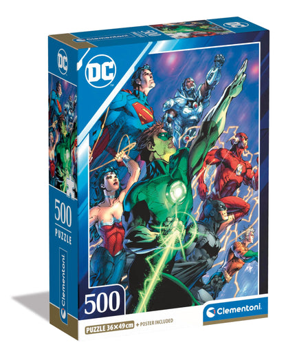Clementoni 35532 Dc Comics Jigsaw, Justice League 500 Pieces-Poster Included, Puzzle for Adults 14-99 Years, Gift for Men/Women, Super Hero, Made in Italy, Multicolor