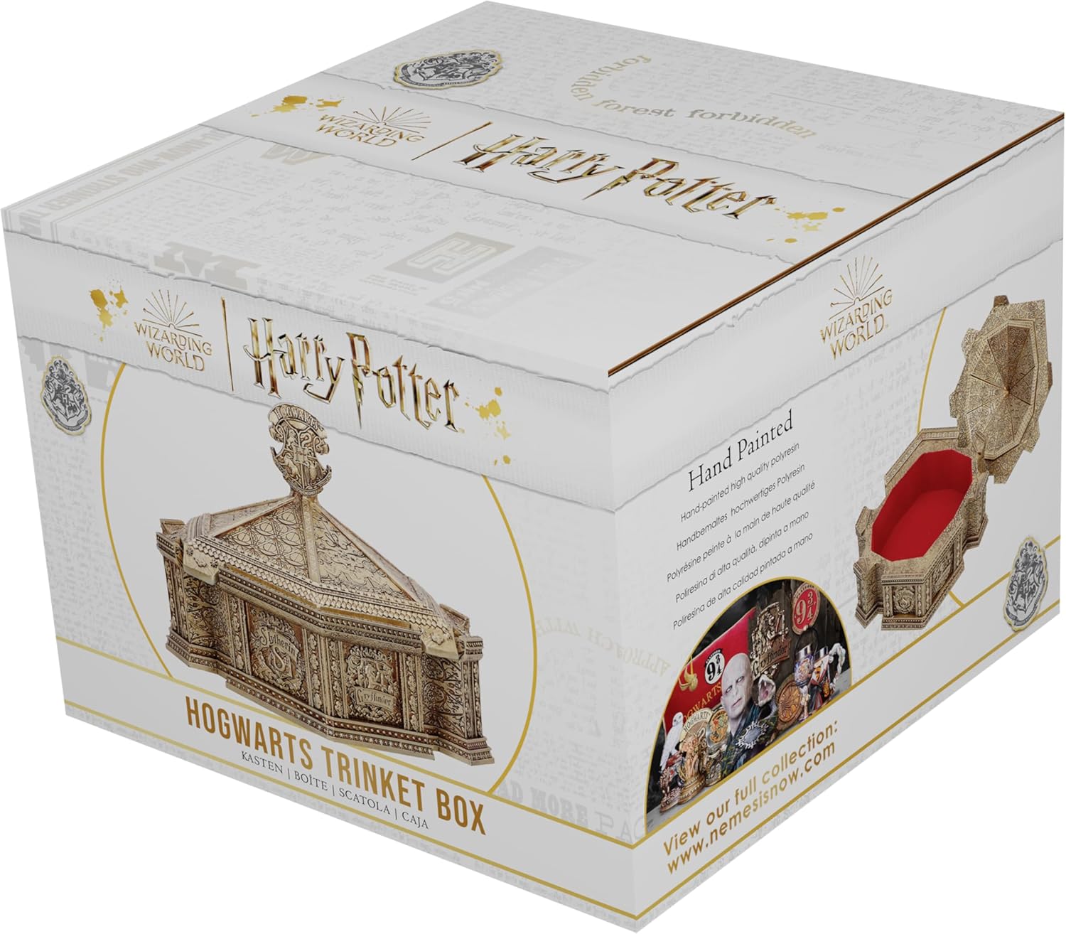 Nemesis Now Harry Potter Hogwarts, scatola portagioie in resina, oro, prodotto con licenza ufficiale Harry Potter, scatola per accessori Hogwarts, interno in velluto rosso, fusa nella migliore resina