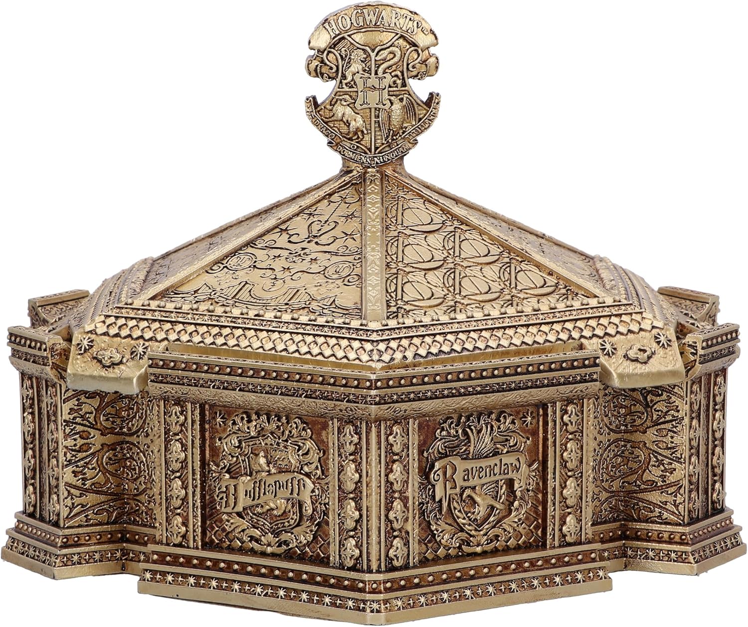 Nemesis Now Harry Potter Hogwarts, scatola portagioie in resina, oro, prodotto con licenza ufficiale Harry Potter, scatola per accessori Hogwarts, interno in velluto rosso, fusa nella migliore resina