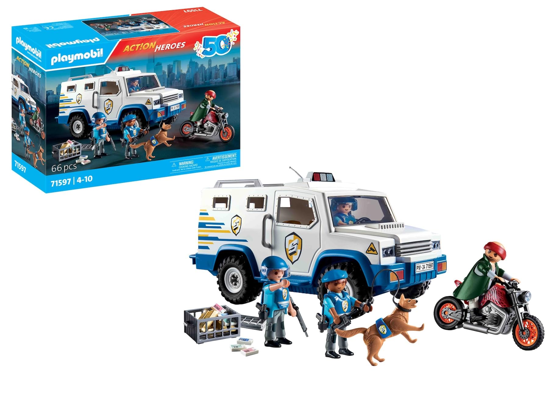Playmobil 71597 Action Heroes: Police Money Transporter, thrilling heist chase, including three police officers, a crook on a motorcycle, and a police dog, play sets suitable for children ages 4+