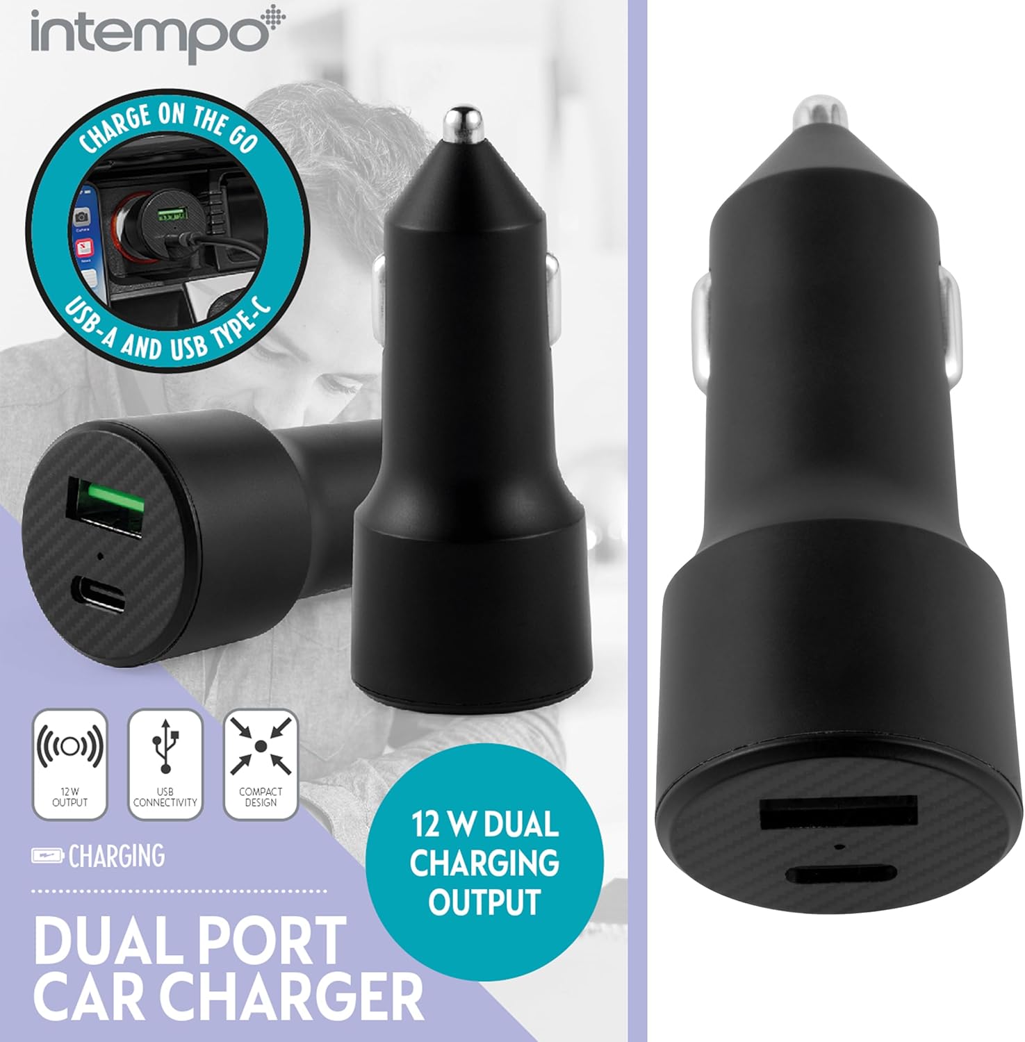 Intempo EE7479BLKCDUSTKEU7 Car Charger – Dual Port Cigarette Lighter Car Adapter Charging for Phone/Tablet, Front & Back Set Charging, USB-A & USB Type-C Compatible, Compact Design, 12 W Output