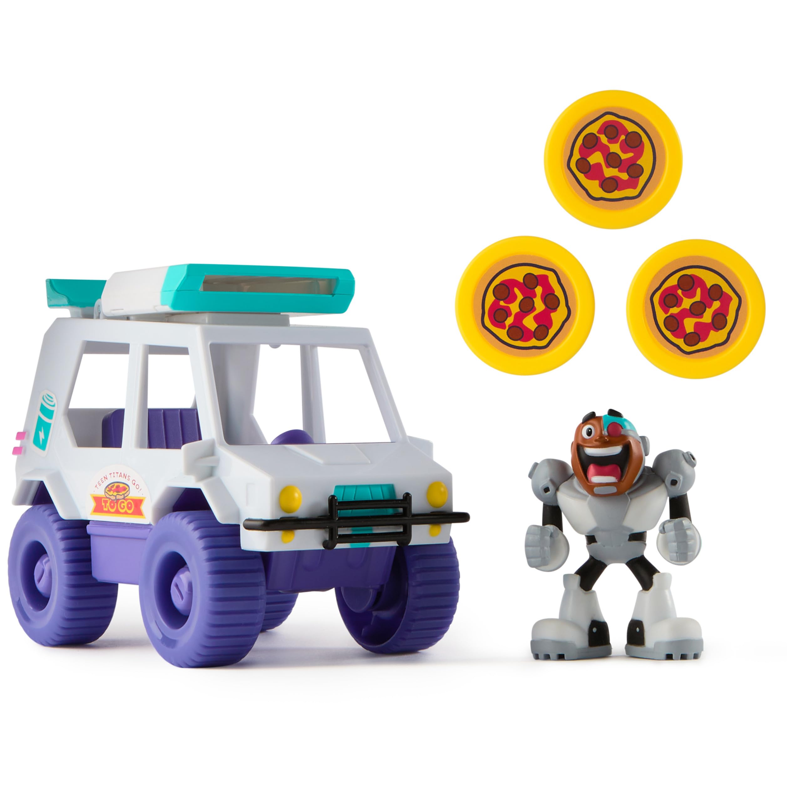 DC Comics Teen Titans Go! T-Car Pizza Launcher, Cyborg Action Figure Set with Interactive Features, Kids’ Toys for Boys and Girls Aged 4 and Up