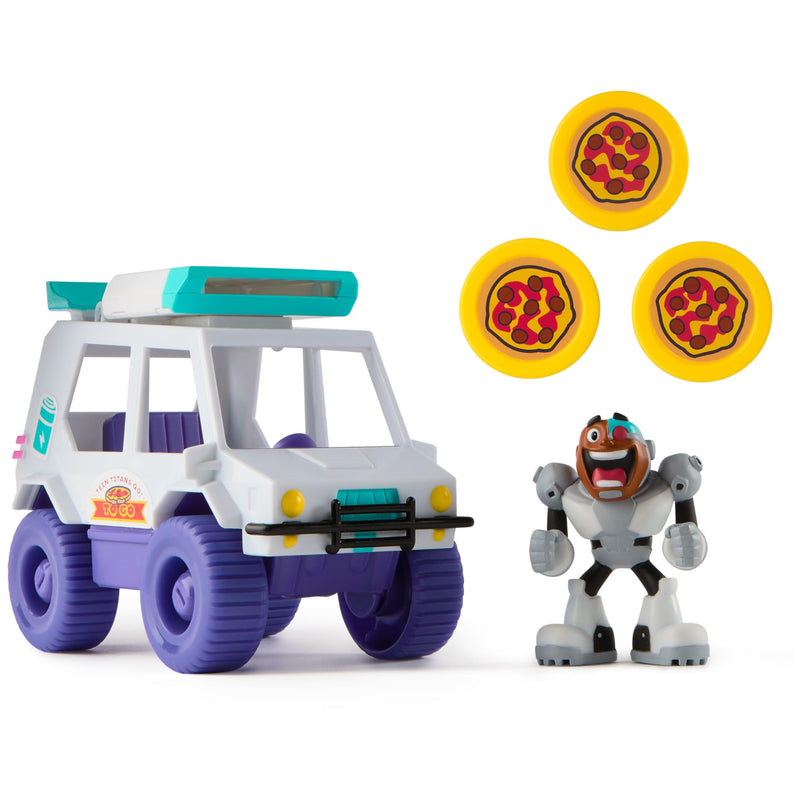 DC Comics Teen Titans Go! T-Car Pizza Launcher, Cyborg Action Figure Set with Interactive Features, Kids’ Toys for Boys and Girls Aged 4 and Up