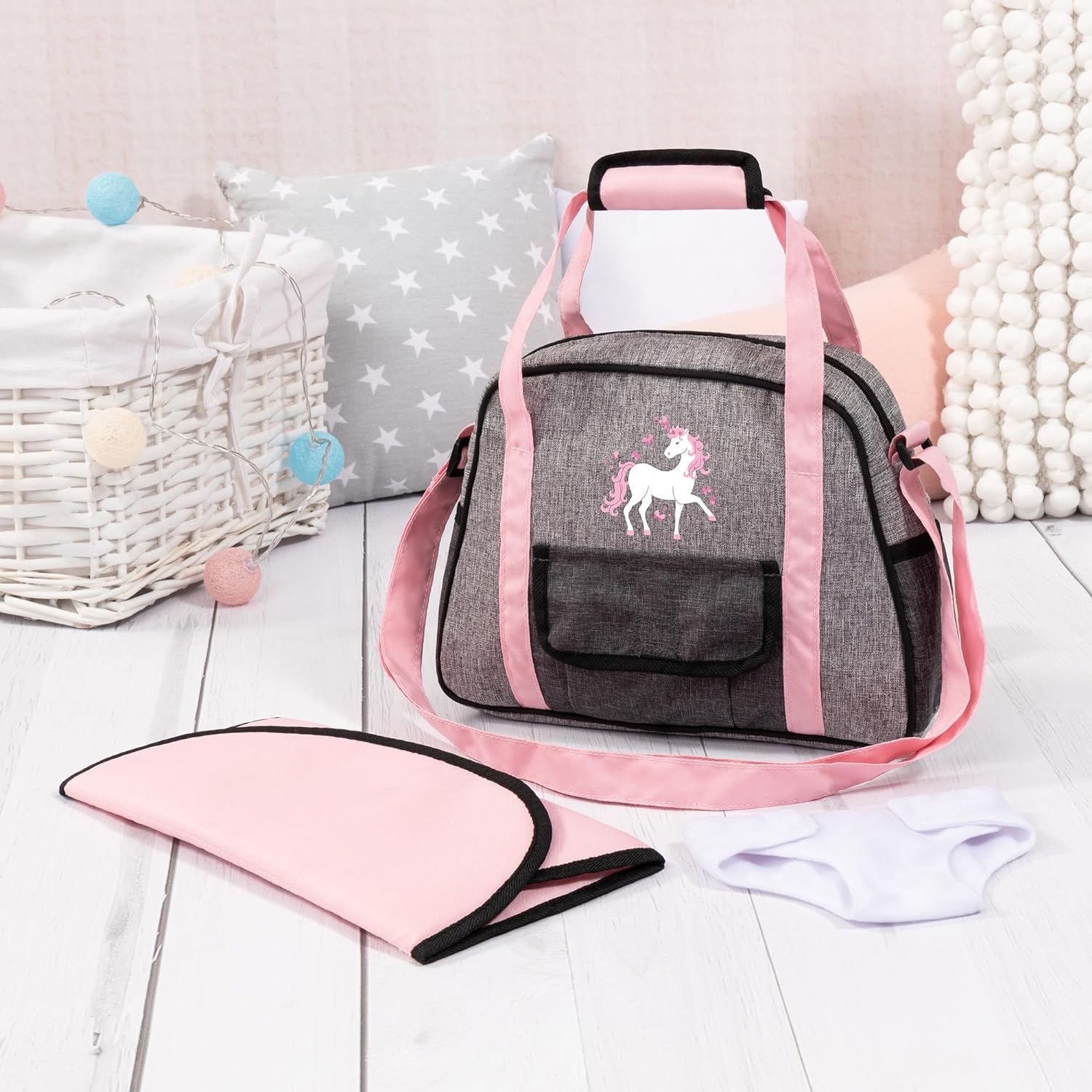 Bayer Design 69033AB changing bag for dolls, changing mat, sewing diaper, nappy, jeans-grey, pink