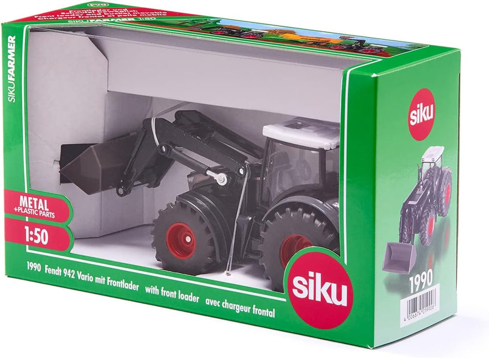 siku 1990, Fendt 942 Vario with Front Loader, Toy Tractor, 1:50, Metal/Plastic, Black, Moving Bucket and Front Loader, Rear and Front Coupling