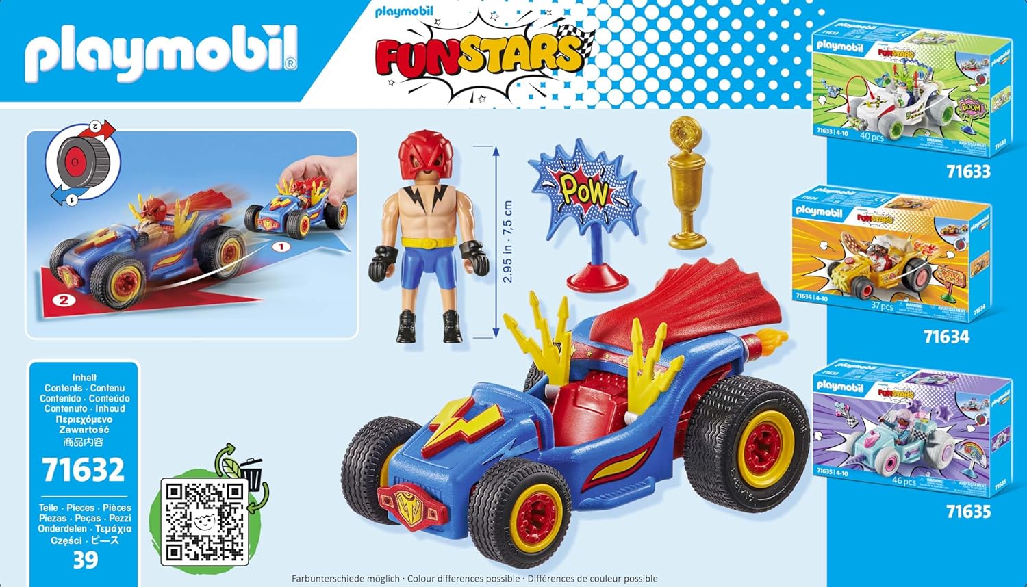 PLAYMOBIL Funstars 71632 Rasender Wrestler, Kart mit Rückzugsmotor, dynamisches Spielset für spannende Rennen, detailreiches Spielzeug für Kinder ab 4 Jahren