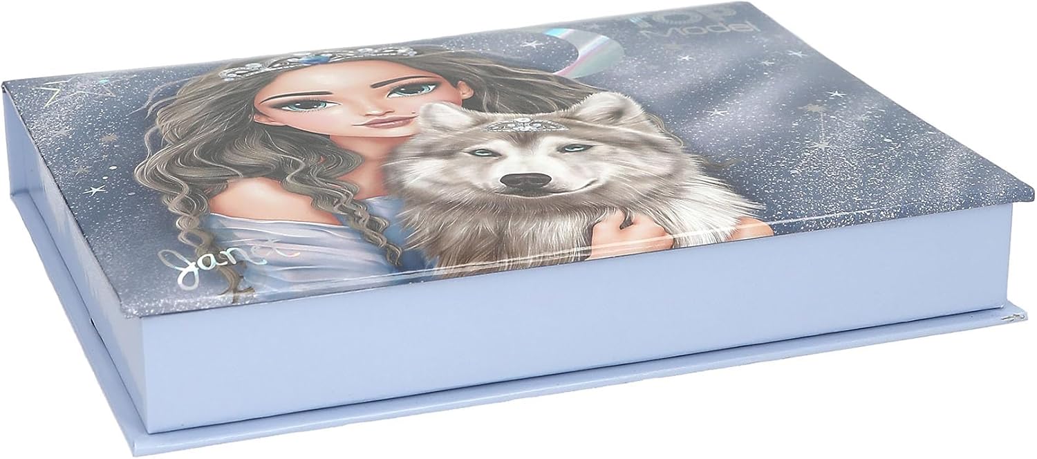 Depesche 13224 TOPModel Wolf-Stationery Box in Dark Blue, with Model and Stars Pattern, Folder with Pencils, Eraser and Much More, Multicoloured, One Size