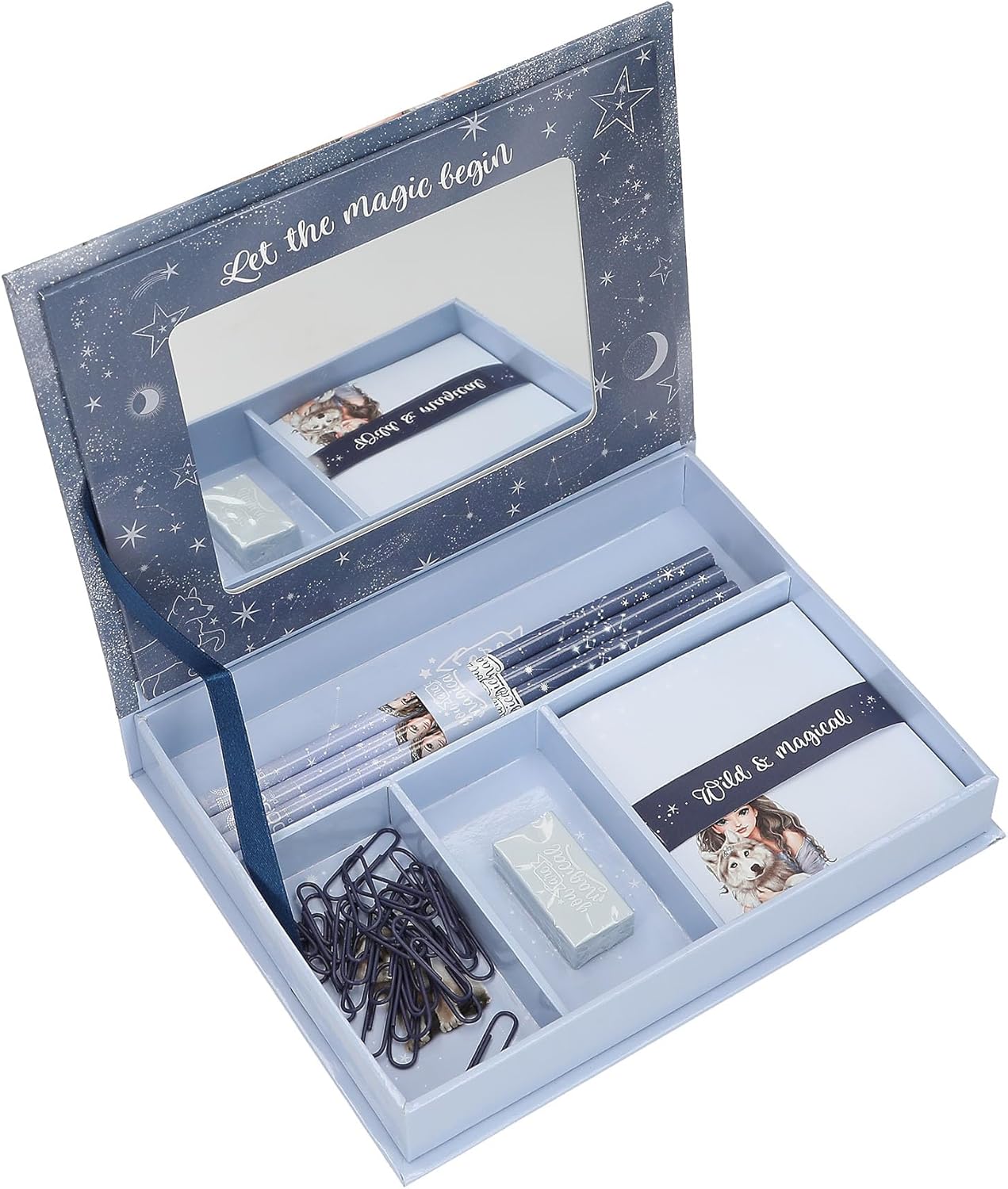 Depesche 13224 TOPModel Wolf-Stationery Box in Dark Blue, with Model and Stars Pattern, Folder with Pencils, Eraser and Much More, Multicoloured, One Size