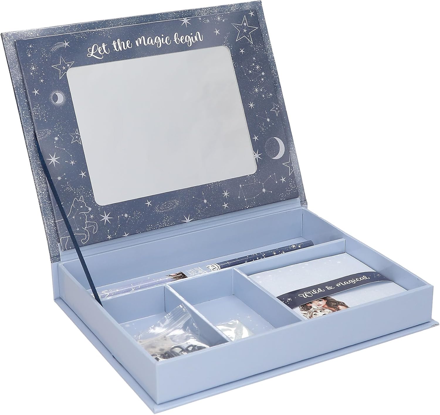 Depesche 13224 TOPModel Wolf-Stationery Box in Dark Blue, with Model and Stars Pattern, Folder with Pencils, Eraser and Much More, Multicoloured, One Size