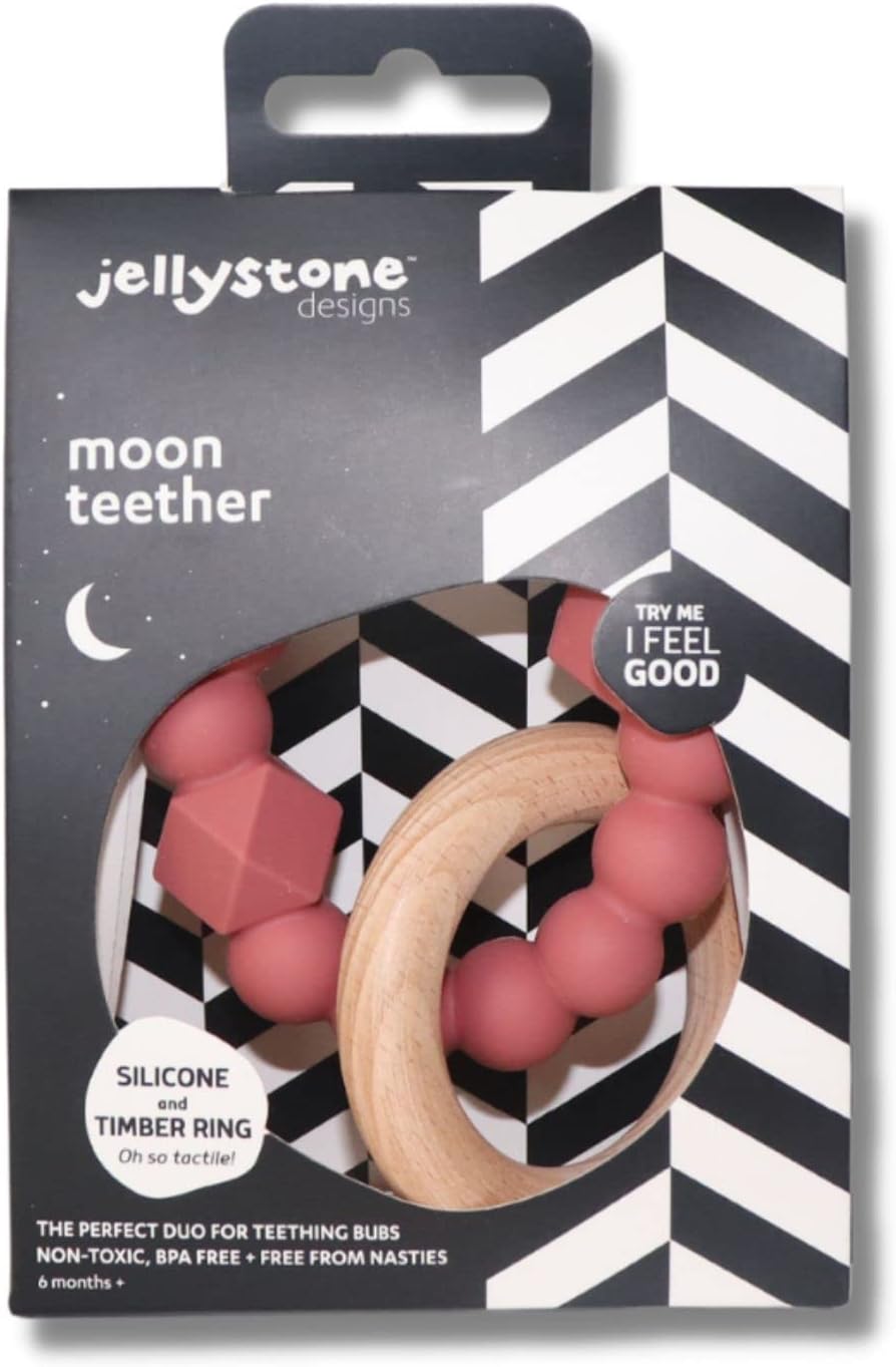 Jellystone Designs Maan Bijtring, Siliconen en Hout, Dusty Pink
