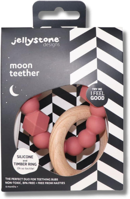 Jellystone Designs Maan Bijtring, Siliconen en Hout, Dusty Pink
