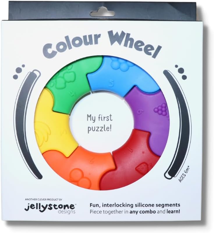 Jellystone Designs JSCWR Ranbow Teether. Silicone Teething Puzzle Wheel Baby Sensory Toy Numbers, Colours & Fruits. Sorting Game Suitable for Boys & Girls 6 Months